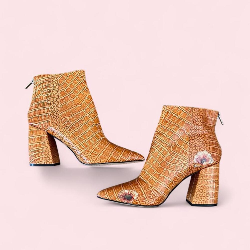 Vince Camuto orange crocodile skin print ankle boots with floral details -10M